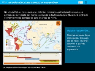 25/26
No século XVII, as novas potências coloniais retiraram aos Impérios Peninsulares a
primazia de navegação dos mares, instituindo a doutrina do mare liberum. O centro de
economia mundo deslocou-se para a Europa do Norte.
Observa o mapa e barra
cronológica. Diz quais
são os novos Impérios
coloniais e quando
ocorreu a sua
supremacia.
Agora responde…
Os Impérios coloniais europeus nos séculos XVII e XVIII
DA UNIÃO IBÉRICA À RESTAURAÇÃO DA INDEPENDÊNCIA
 