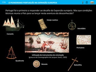 Portugal foi o primeiro a responder ao desafio da Expansão europeia. Mas que condições
técnicas reunia o País para se lançar nesta aventura do desconhecido?
Caravela
Estojo naútico
Astrolábio
Portulano
BalestilhaBússola
Quadrante
7/26 O PIONEIRISMO PORTUGUÊS NA EXPANSÃO EUROPEIA
Utilização de instrumentos de orientação
(gravura da Cosmographie de Jacques Vault, 1583)
 