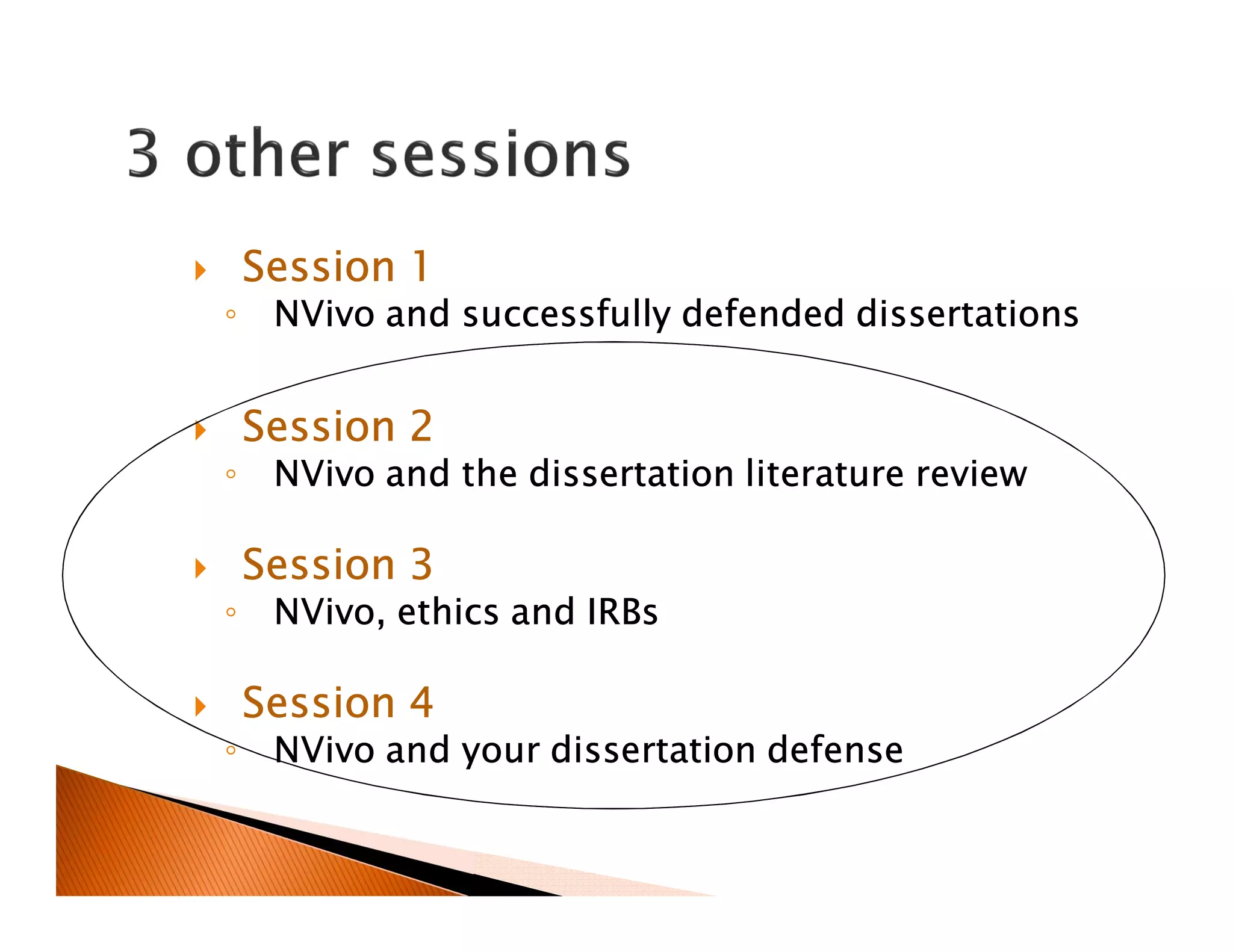 Session 1
◦ NVivo and successfully defended dissertations
Session 2
◦ NVivo and the dissertation literature review
Session 3
◦ NVivo, ethics and IRBs
Session 4
◦ NVivo and your dissertation defense
 
