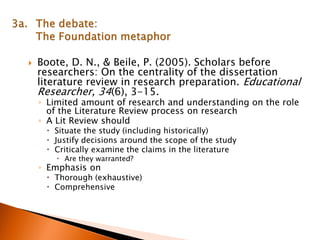  Boote, D. N., & Beile, P. (2005). Scholars before
researchers: On the centrality of the dissertation
literature review in research preparation. Educational
Researcher, 34(6), 3-15.
◦ Limited amount of research and understanding on the role
of the Literature Review process on research
◦ A Lit Review should
 Situate the study (including historically)
 Justify decisions around the scope of the study
 Critically examine the claims in the literature
 Are they warranted?
◦ Emphasis on
 Thorough (exhaustive)
 Comprehensive
 