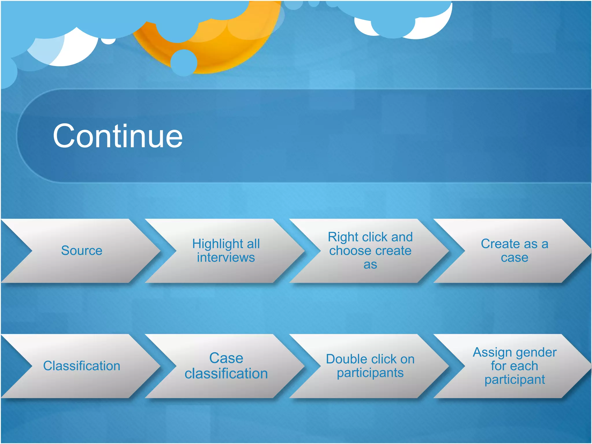 Continue
Source
Highlight all
interviews
Right click and
choose create
as
Create as a
case
Classification
Case
classification
Double click on
participants
Assign gender
for each
participant
 