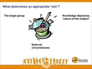 What determines an appropriate "mix"?
The target group Knowledge objectives,
"nature of the subject"
External
circumstances
 