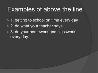 Examples of above the line
 1. getting to school on time every day
 2. do what your teacher says
 3. do your homework and classwork
every day.
 