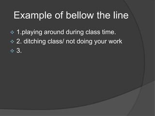 Example of bellow the line
 1.playing around during class time.
 2. ditching class/ not doing your work
 3.
 