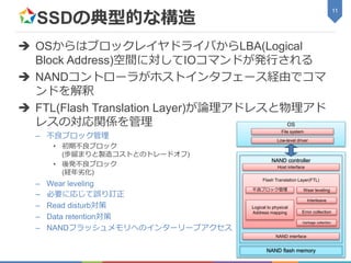 NAND controller
SSDの典型的な構造
 OSからはブロックレイヤドライバからLBA(Logical
Block Address)空間に対してIOコマンドが発行される
 NANDコントローラがホストインタフェース経由でコマ
ンドを解釈
 FTL(Flash Translation Layer)が論理アドレスと物理アド
レスの対応関係を管理
– 不良ブロック管理
• 初期不良ブロック
(歩留まりと製造コストとのトレードオフ)
• 後発不良ブロック
(経年劣化)
– Wear leveling
– 必要に応じて誤り訂正
– Read disturb対策
– Data retention対策
– NANDフラッシュメモリへのインターリーブアクセス
11
OS
File system
Low-level driver
Host interface
Flash Translation Layer(FTL)
不良ブロック管理 Wear leveling
Interleave
Error collection
Garbage collection
Logical to physical
Address mapping
NAND interface
NAND flash memory
 
