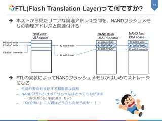 FTL(Flash Translation Layer)って何ですか?
 ホストから見たリニアな論理アドレス空間を、NANDフラシュメモ
リの物理アドレスと関連付ける
 FTLの実装によってNANDフラッシュメモリがはじめてストレージ
になる
– 性能や寿命も支配する超重要な役割
– NANDフラッシュメモリちゃんはとってもわがまま
• 世代が変わると性格も変わっちゃう
– 「QLC怖い」に人類はどう立ち向かうのか！！！
12
Host view
LBA space
#0 addr0 write
#1 addr1 write #2 addr1 read
#3 addr1 overwrite
#4 addr1 read
NAND flash
PBA space
#0 addr0 write
#1 addr1 write
#3 addr1 overwrite
#0 LBA0:PBA0
#1 LBA1:PBA1
#3 LBA1:PBA2
NAND flash
LBA-PBA table
 