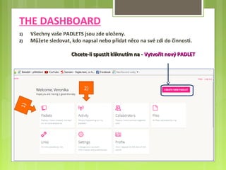 THE DASHBOARD
1) Všechny vaše PADLETS jsou zde uloženy.
2) Můžete sledovat, kdo napsal nebo přidat něco na své zdi do činnosti.
Chcete-li spustit kliknutím na -Chcete-li spustit kliknutím na - Vytvořit nový PADLETVytvořit nový PADLET
2)
1)
 