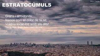 ESTRATOCÚMULS
Grans i arrodonits,
foscos com el color de la nit.
Voldria tocar-los amb els dits!
Toni Enrique, Roger Saltor i Martí Seoane
 