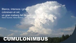 CUMULONIMBUS
Blancs, intensos i grisos
cobreixen el cel,
un gran iceberg fet de gel.
Héctor Guzmán, Nahia Martínez i Vicenç Murgadas
 
