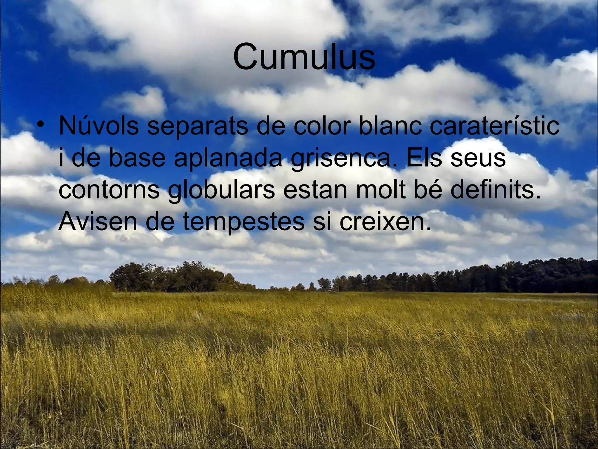 Cumulus
• Núvols separats de color blanc caraterístic
i de base aplanada grisenca. Els seus
contorns globulars estan molt bé definits.
Avisen de tempestes si creixen.
 