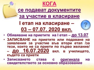 КОГА
се подават документите
за участие в класиране
І етап на класиране –
03 – 07.07. 2020 вкл.
• Обявяване на приетите на І етап – до 13.07
• ЗАПИСВАНЕ на приетите или подаване на
заявления за участие във втори етап /за
тези, които не са приети по първо желание/
– до 16.07.2020 вкл. в училището,
където са приети
• Записването става с оригинала на
свидетелството за основно образование
 