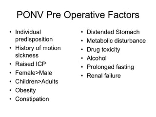 PONV Pre Operative Factors
• Individual
predisposition
• History of motion
sickness
• Raised ICP
• Female>Male
• Children>Adults
• Obesity
• Constipation
• Distended Stomach
• Metabolic disturbance
• Drug toxicity
• Alcohol
• Prolonged fasting
• Renal failure
 