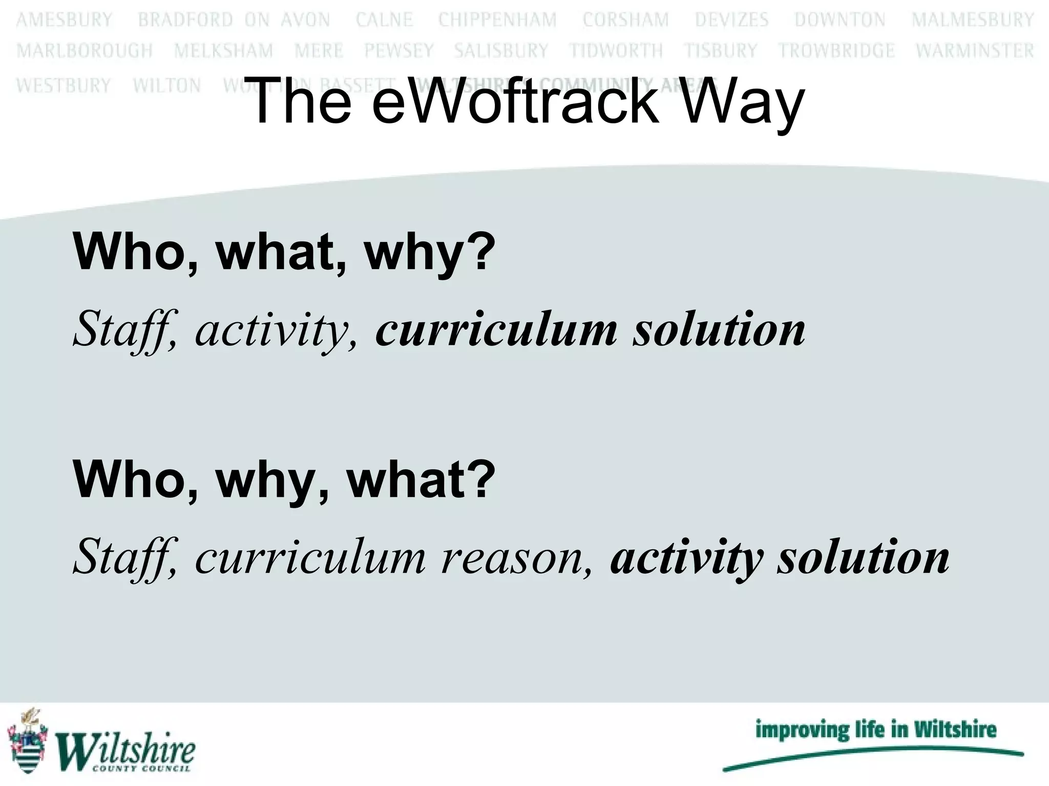 The eWoftrack Way Who, what, why? Staff, activity,  curriculum solution Who, why, what? Staff, curriculum reason,  activity solution 