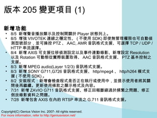 版本 205 變更項目 (1) 新增功能  8/5  新增聲音播放顯示及控制開關於 Player 狀態列上。  8/5  增強 VIVOTEK 連線之穩定性、 ( 不使用 SDK) 即使無管理權限也可自動偵測型號部分，並可操控 PTZ 、 AAC, AMR 音訊格式支援、可選擇 TCP / UDP / HTTP 串流選擇。  8/4  新增 AXIS 可支援位移偵測設定以及事件連動錄影、新增設定 Resolution 以及 Rotation 可動態從實際裝置取得、 AAC 音訊格式支援、 PTZ 基本控制之支援。  8/3  新增 MPEG audio(Layer 1/2/3) 音訊格式支援。  8/3  新增 SONY G711,G726 音訊格式支援、 http/mpeg4 、 http/h264 模式支援 ( 不使用 SDK) 。  8/2  安裝程式：新增會檢查程式是否正在執行或使用中，並提示使用者將其關閉後再繼續。更新使用條款之顯示格式及內容。  7/31  新增 ZAVIO G711 音訊格式支援、修正回報斷線過於頻繁之問題、修正倒放錄影資料之問題。 7/28  新增包含 AXIS 在內的 RTSP 串流之 G.711 音訊格式支援。  