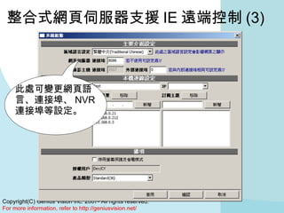 整合式網頁伺服器支援 IE 遠端控制 (3) 此處可變更網頁語言、連接埠、 NVR    連接埠等設定。 