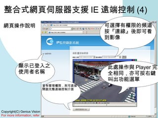 整合式網頁伺服器支援 IE 遠端控制 (4) 網頁操作說明 顯示已登入之使用者名稱 可選擇有權限的頻道按『連線』後即可看到影像 若有管理權限，則可直接開啟完整遠端控制介面 此處操作與 Player 完全相同，亦可按右鍵叫出功能選單 