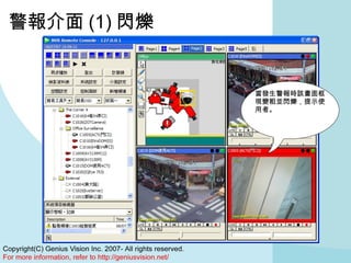 警報介面 (1) 閃爍 當發生警報時該畫面框現變粗並閃爍，提示使用者。 