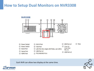 How to Setup Dual Monitors on NVR3308 
NVR3308 
Each NVR can allow two display at the same time. 
 