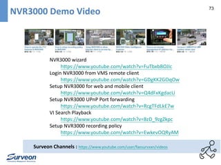 73 NVR3000 Demo Video 
NVR3000 wizard 
https://www.youtube.com/watch?v=FuTbxbBOJIc 
Login NVR3000 from VMS remote client 
https://www.youtube.com/watch?v=GDgKK2GOqOw 
Setup NVR3000 for web and mobile client 
https://www.youtube.com/watch?v=Q4dFxKgdacU 
Setup NVR3000 UPnP Port forwarding 
https://www.youtube.com/watch?v=RcgTFdLkE7w 
VI Search Playback 
https://www.youtube.com/watch?v=8zD_9zgZkpc 
Setup NVR3000 recording policy 
https://www.youtube.com/watch?v=EwkevOQRyAM 
Surveon Channels : https://www.youtube.com/user/faesurvxxn/videos 
 