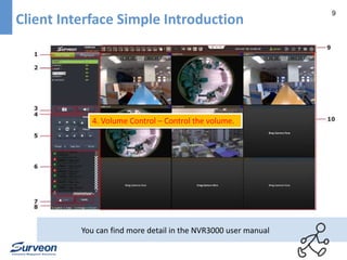 9 
Client Interface Simple Introduction 
4. Volume Control – Control the volume. 
You can find more detail in the NVR3000 user manual 
 