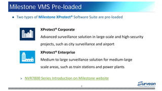 Milestone VMS Pre-loaded
 Two types of Milestone XProtect® Software Suite are pre-loaded
 NVR7800 Series Introduction on Milestone website
XProtect® Corporate
Advanced surveillance solution in large-scale and high-security
projects, such as city surveillance and airport
XProtect® Enterprise
Medium to large surveillance solution for medium-large
scale areas, such as train stations and power plants
4
 