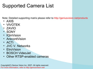 Supported Camera List Note: Detailed supporting matrix please refer to http://geniusvision.net/products AXIS VIVOTEK ZAVIO SONY IQinVision ArecontVision ACTi JVC V. Networks EtroVision BOSCH VideoJet Other RTSP-enabled cameras