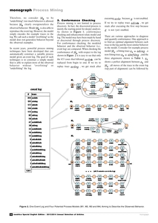 12 novática Special English Edition - 2013/2014 Annual Selection of Articles
monograph Process Mining
monograph
Figure 2. One Event Log and Four Potential Process Models (M1, M2, M3 and M4) Aiming to Describe the Observed Behavior.
Therefore, we consider to be
"underfitting"; too much behavior is allowed
because clearly overgeneralizes the
observed behavior. Model is also able to
reproduce the event log. However, the model
simply encodes the example traces in the
log. We call such a model "overfitting" as the
model does not generalize behavior beyond
the observed examples.
In recent years, powerful process mining
techniques have been developed that can
automatically construct a suitable process
model given an event log. The goal of such
techniques is to construct a simple model
that is able to explain most of the observed
behavior without "overfitting" or
"underfitting" the log.
3. Conformance Checking
Process mining is not limited to process
discovery. In fact, the discovered process is
merely the starting point for deeper analysis.
As shown in Figure 1, conformance
checking and enhancement relate model and
log. The model may have been made by hand
or discovered through process discovery.
For conformance checking, the modeled
behavior and the observed behavior (i.e.,
event log) are compared. When checking the
conformance of with respect to the log
shown in Figure 2 it is easy to see that only
the 455 cases that followed can be
replayed from begin to end. If we try to
replay trace , we get stuck after
executing because is not enabled.
If we try to replay trace , we get
stuck after executing the first step because
is not (yet) enabled.
There are various approaches to diagnose
and quantify conformance. One approach is
to find an optimal alignment between each
trace in the log and the most similar behavior
in the model. Consider for example process
model , a fitting trace , a
non-fitting trace , and the
three alignments shown in Table 1.
shows a perfect alignment between and
: all moves of the trace in the event log
(top part of alignment) can be followed by
 
