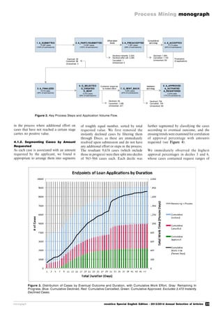 33
Process Mining monograph
monograph novática Special English Edition - 2013/2014 Annual Selection of Articles
in the process where additional effort on
cases that have not reached a certain stage
carries no positive value.
4.1.2. Segmenting Cases by Amount
Requested
As each case is associated with an amount
requested by the applicant, we found it
appropriate to arrange them into segments
of roughly equal number, sorted by total
requested value. We first removed the
instantly declined cases by filtering them
through Disco, as these are immediately
resolved upon submission and do not have
any additional effort or steps in the process.
The resultant 9,658 cases (which include
those in progress) were then split into deciles
of 965-966 cases each. Each decile was
further segmented by classifying the cases
according to eventual outcome, and the
ensuing trends were examined for correlation
of approval percentage with amounts
requested (see Figure 4).
We immediately observed the highest
approval percentages in deciles 3 and 6,
whose cases contained request ranges of
Figure 2. Key Process Steps and Application Volume Flow.
Figure 3. Distribution of Cases by Eventual Outcome and Duration, with Cumulative Work Effort. Gray: Remaining In
Progress, Blue: Cumulative Declined, Red: Cumulative Cancelled, Green: Cumulative Approved. Excludes 3,472 Instantly
Declined Cases.
1. A_SUBMITTED
13,087 cases
(100% of submissions)
2. A_PARTLYSUBMITTED
13,087 cases
(100% of submissions)
3. A_PREACCEPTED
7,367 cases
(56% of submissions)
4. A_ACCEPTED
5,113 cases
(39% of submissions)
5. A_FINALIZED
5,015 cases
(38% of submissions)
6. O_SELECTED
O_CREATED
O_SENT
5,015 cases
(38% of submissions)
7. O_SENT_BACK
3,254 cases
(25% of submissions)
8. A_APPROVED
A_ACTIVATED
A_REGISTERED
2,246 cases
(17% of submissions)
Afhandelen
leads
Declined instantly: 3,429
Declined after call: 2,290
Cancelled: 1
Unresolved: 0
Declined: 1,085
Cancelled: 1,100
Unresolved: 69
Completeren
aanvraag
Declined: 29
Cancelled: 66
Unresolved: 3
Valideren
aanvraag
Declined: 48
Cancelled: 1,482
Unresolved: 231
Declined: 754
Cancelled: 158
Unresolved: 96
Finalization
of applications
Customer response
to mailed offers
Key Process Steps and Distribution of Application Volume
 