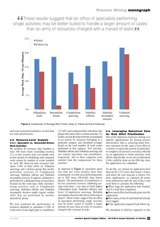 35
Process Mining monograph
monograph novática Special English Edition - 2013/2014 Annual Selection of Articles
These results suggest that an office of specialists performing
single activities may be better suited to handle a larger amount of cases
than an army of resources charged with a myriad of tasks
and assess potential usefulness of such data
for work prioritization.
4.3. Resource-Level Analysis
4.3.1. Specialist vs. Generalist-Driven
Work Activities
We profiled 48 resources that handled at
least 100 total events (excluding resource
112, as this resource does not handle work
events outside of scheduling) and computed
work volume by number of events handled
by each. We observed nine resources that
spent >50% of their effort on Valideren
aanvraag, and a distinct group that mostly
performed activities of Completeren
aanvraag, Nabellen offertes and Nabellen
incomplete dossiers. It appears validation is
performed by a dedicated team of specialists
focused on this work type, while customer-
facing activities such as Completeren
aanvraag, Nabellen offertes and Nabellen
incomplete dossiers might require similar
skills that are performed by another
specialized group.
We next examined the performance of
resources identified as specialists (>50% of
work events of one single type) or contributors
(25-50%) and compared them with those who
played only minor roles in similar activities. To
dothis,wetookthetotalworktimeaccumulated
in an activity by resources belonging to a
particular category and calculated averages
based on the total number of work events
performed in that category. Two activities,
Nabellen offertes and Valideren aanvraag, did
not contain specialists and contributors,
respectively, and so these categories were
omitted from the comparisons for these
activities.
As depicted in Figure 6, specialists spent
less time per event instance than their
counterparts, in some cases performing tasks
up to 80% more efficiently than minor
players. The performance of contributors is
far less consistent, however, exhibiting ave-
rage work times / case that are both higher
(Afhandelen leads, Nabellen offertes) and
lower (Completeren aanvraag, Nabellen
incomplete dossiers) than those of the minor
players. These results suggest that an office
of specialists performing single activities
may be better suited to handle a larger
amount of cases than an army of resources
charged with a myriad of tasks.
4.4. Leveraging Behavioral Data
for Work Effort Prioritization
One of the objectives of process mining is to
identify opportunities for driving process
effectiveness; that is, achieving better busi-
ness outcomes for the same or less effort in
a shorter or equal time period. In particular,
we sought to use process event data collected
on an application to better prioritize work
efforts. Specifically, we set out to understand
if this could be done on the fifth day since
the application was submitted.
To do this, we created an application-level
data set for 5,255 cases that lasted >4 days
and where the end outcome is known. For
these applications, we captured all events
from submission until the end of day 4 and
used them to calculate the following:
What stage the application had reached,
and if it had been completed.
How much effort had already gone into the
application.
How many events of each kind had already
been logged.
If the application required lead follow up.
We attempted to find key segments in this
“
”
Figure 5. Comparison of Average Work Times, Initial vs. Follow-Up Event Instances.
 