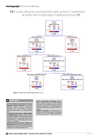 38 novática Special English Edition - 2013/2014 Annual Selection of Articles
monograph Process Mining
monograph
References

[1] W.Van der Aalst,A.Adriansyah, A.K. Alves de
Medeiros,F.Arcieri,T.Baieretal.Process Mining
Manifesto. Business Process Management
Workshops 2011, Lecture Notes in Business
Information Processing, vol. 99. Springer-Verlag,
2011.
[2]J.Manyika,M.Chui,B.Brown,J.Bughin,R.Dobbs,
C.Roxburgh,A.Byers.Big Data: TheNext Frontier for
Innovation,Competition, and Productivity. McKinsey
Global Institute, 2011. <http://www.mckinsey.com/
insights/business_ technology/big_data_the_next_
frontier_for_innovation>.
[3]R.Adduci,D.Blue,G.Chiarello,J.Chickering,D.
Mavroyiannis et al. Big Data: Big Opportunities to
CreateBusinessValue.Technicalreport,Information
IntelligenceGroup,EMCCorporation,2011.
Figure 7. Partial View, CART Segmentation Tree.
It is also critical to scrutinize event data up front to understand
all quirks and to build ways of addressing these
“ ”
[4]R.P.J.C.Bose,W.M.P.vanderAalst.Analysisof
Patient Treatment Procedures: The BPI Challenge
Case Study. First International Business Process
IntelligenceChallenge,2011.<http://bpmcenter.org/
wp-content/uploads/reports/2011/BPM-11-
18.pdf>.
[5]W.M.P.vanderAalst.ProcessMining:Discovery,
Conformance and Enhancement of Business
Processes.Springer,2011.ISBN-10:3642193447.
 