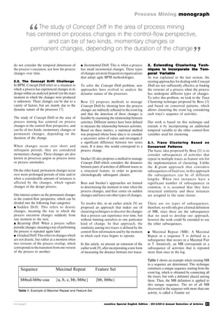 41
Process Mining monograph
monograph novática Special English Edition - 2013/2014 Annual Selection of Articles
“
”
do not consider the temporal dimension of
the process’s execution, nor how the process
changes over time.
2.2. The Concept Drift Challenge
In BPM, Concept Drift refers to a situation in
which a process has experienced changes in its
design within an analyzed period (yet the exact
moment in which the changes were produced
is unknown). These changes can be due to a
variety of factors, but are mainly due to the
dynamic nature of the processes [7].
The study of Concept Drift in the area of
process mining has centered on process
changes in the control-flow perspective, and
can be of two kinds, momentary changes or
permanent changes, depending on the
duration of the change.
When changes occur over short and
infrequent periods, they are considered
momentary changes. These changes are also
known in processes jargon as process noise
or process anomalies.
On the other hand, permanent changes occur
over more prolonged periods of time and/or
when a considerable amount of instances is
affected by the changes, which signals
changes in the design process.
Our interest centers on the permanent changes
in the control-flow perspective, which can be
divided into the following four categories:
 Sudden Drift: This refers to drastic
changes, meaning the way in which the
process execution changes suddenly from
one moment to the next.
 Recurring Drift: When a process suffers
periodicchanges,meaningawayofperforming
the process is repeated again later.
 GradualDrift:Thisrefers tochangeswhich
are not drastic, but rather at a moment when
two versions of the process overlap, which
correspondstothetransitionfromoneversion
of the process to another.
 Incremental Drift: This is when a process
has small incremental changes. These types
ofchangesaremore frequentinorganizations
that adopt agile BPM methodologies.
To solve the Concept Drift problem, new
approaches have evolved to analyze the
dynamic nature of the processes.
Bose [2] proposes methods to manage
Concept Drift by showing how the process
changes are indirectly reflected in the event log
and that the detection of these changes is
feasible by examining the relationship between
activities. Different metrics have been defined
to measure the relationship between activities.
Based on these metrics, a statistical method
was proposed whose basic idea is to consider
a successive series of values and investigate if
a significant difference between two series
exists. If it does, this would correspond to a
process change.
Stocker [8] also proposes a method to manage
Concept Drift which considers the distances
between pairs of activities of different traces as
a structural feature, in order to generate
chronologically subsequent clusters.
Bose and Stocker’s approaches are limited
to determining the moment in time when the
process changes, and thus center on sudden
changes and leave out other types of changes.
To resolve this, in an earlier article [9] we
proposed an approach that makes use of
clustering techniques to discover the changes
that a process can experience over time, but
without limiting ourselves to one particular
kind of change. In that approach, the
similarity among two traces is defined by the
control-flow information and by the moment
in which each trace begins to operate.
In this article, we present an extension of the
earlier work [9], afterincorporating a new form
of measuring the distance between two traces.
3. Extending Clustering Tech-
niques to Incorporate the Tem-
poral Variable
As was explained in the last section, the
existing approaches fordealing with Concept
Drift are not sufficiently effective at finding
the versions of a process when the process
has undergone different types of changes.
To solve this problem, we look to the Trace
Clustering technique proposed by Bose [3]
and based on conserved patterns, which
allows clustering the event log considering
each trace’s sequence of activities.
Our work is based on this technique and
extends it by incorporating an additional
temporal variable to the other control-flow
variables used for clustering.
3.1. Trace Clustering Based on
Conserved Patterns
The basic idea proposed by Bose [3] is to
consider subsequences of activities that
repeat in multiple traces as feature sets for
the implementation of clustering. Unlike
the K-gram approach that considers
subsequences of fixed size, in this approach
the subsequences can be of different
lengths. When two instances have a
significant number of subsequences in
common, it is assumed that they have
structural similarity and these instances
are assigned to the same cluster.
There are six types of subsequences,
therefore, wewillonlygive aformal definition
of MR, since these are the subsequences
that we used to develop our approach,
however the work could be extended to use
the other subsequences.
 Maximal Repeat (MR): A Maximal
Repeat in a sequence T is defined as a
subsequence that occurs in a Maximal Pair
in T. Intuitively, an MR corresponds to a
subsequence of activities that is repeated
more than once in the log.
Table 1 shows an example where existing MR
in a sequence are determined. This technique
constructs a unique sequence starting from the
event log, which is obtained by connecting all
the traces, but with a delimiter placed among
them. Then, the MR definition is applied to
this unique sequence. The set of all MR
discovered in the sequence with more than one
activity, is called a Feature set.
The study of Concept Drift in the area of process mining
has centered on process changes in the control-flow perspective,
and can be of two kinds, momentary changes or
permanent changes, depending on the duration of the change
Sequence Maximal Repeat Feature Set
bbbcd-bbbc-caa {a, b, c, bb, bbbc} {bb, bbbc}
Table 1. Example of Maximal Repeat and Feature Set.
 