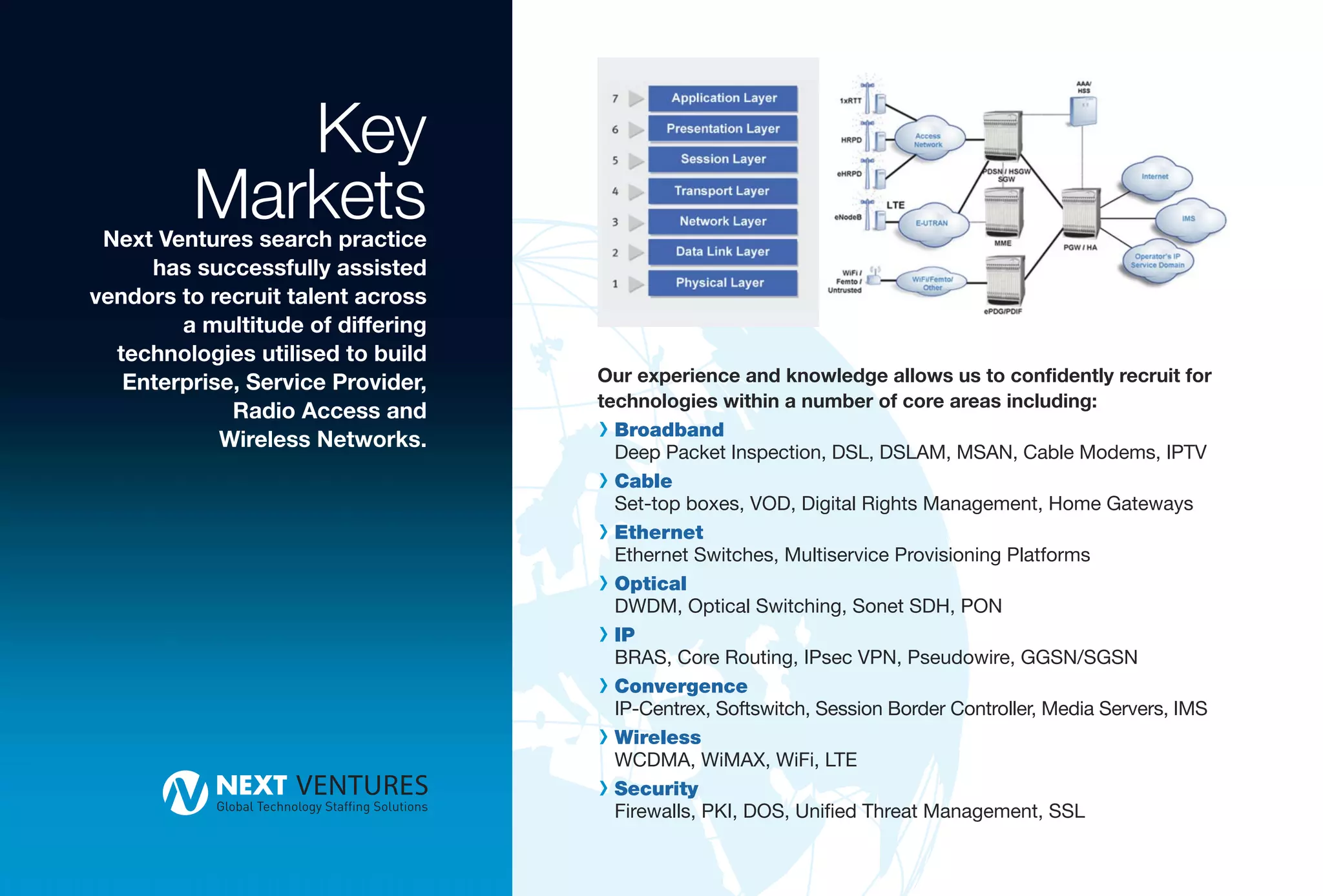 Key
         Markets
 Next Ventures search practice
     has successfully assisted
vendors to recruit talent across
        a multitude of differing
  technologies utilised to build
   Enterprise, Service Provider,   Our experience and knowledge allows us to confidently recruit for
                                   technologies within a number of core areas including:
             Radio Access and
            Wireless Networks.     R Broadband
                                     Deep Packet Inspection, DSL, DSLAM, MSAN, Cable Modems, IPTV
                                   R Cable
                                     Set-top boxes, VOD, Digital Rights Management, Home Gateways
                                   R Ethernet
                                     Ethernet Switches, Multiservice Provisioning Platforms
                                   R Optical
                                     DWDM, Optical Switching, Sonet SDH, PON
                                   R IP
                                     BRAS, Core Routing, IPsec VPN, Pseudowire, GGSN/SGSN
                                   R Convergence
                                     IP-Centrex, Softswitch, Session Border Controller, Media Servers, IMS
                                   R Wireless
                                     WCDMA, WiMAX, WiFi, LTE
                                   R Security
                                     Firewalls, PKI, DOS, Unified Threat Management, SSL
 