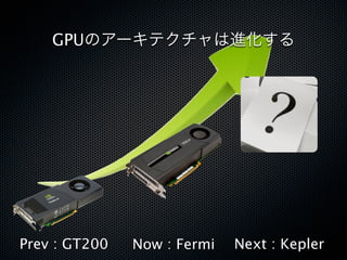 GPUのアーキテクチャは進化する




Prev : GT200   Now : Fermi   Next : Kepler
 