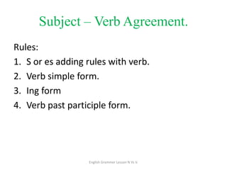 Subject – Verb Agreement.
Rules:
1. S or es adding rules with verb.
2. Verb simple form.
3. Ing form
4. Verb past participle form.

English Grammer Lesson N Vs V.

 