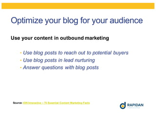 Optimize your blog for your audience
Use your content in outbound marketing
• Use blog posts to reach out to potential buyers
• Use blog posts in lead nurturing
• Answer questions with blog posts
Source: ION Interactive – 75 Essential Content Marketing Facts
 