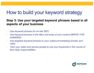 How to build your keyword strategy
Step 3: Use your targeted keyword phrases based in all
aspects of your business
• Use k...