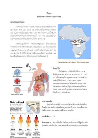 อีโบลา
(Ebola Haemorrhagic Fever)
สถานการณการระบาด
องคการอนามัยโลก รวมมือกับกระทรวงสาธารณสุขของประเทศ กิ
เนีย เซียรรา ลีโอน และ ไลบีเรีย ประกาศจํานวนผูปวยที่เขาขายตองสงสัย
และ ยืนยันวาติดเชื้อไวรัสอีโบลารวม 1,201 ราย โดยในจํานวนนี้ไดรับการ
ตรวจยืนยันทางหองปฏิบัติการวามีการติดเชื้อ 814 ราย และเสียชีวิตแลว
672 ราย (ขอมูลองคการอนามัยโลก เมื่อวันที่ 23 ก.ค.57)
ศูนยควบคุมโรคติดตอ ประเทศสหรัฐอเมริกา มีการสื่อสารและ
ทํางานเกี่ยวกับโรคระบาดรวมกับองคการอนามัยโลก และ องคการแพทยไร
พรมแดน ( Médecins Sans Frontières, MSF) อยูแลวตามปกติ ในปจจุบัน
ศูนยควบคุมโรคติดตอไดสงทีมบุคลากรเขาไปชวยเหลือในประเทศกิเนีย และ
ลิเบอเรีย แลว และจะสงเขาไปในประเทศเซียรราลีโอนในเร็วๆนี้
ขอมูลทั่วไป
เปนโรคที่เกิดจากเชื้อไวรัสไวรัสอีโบลา ขนาด
เสนผาศูนยกลางขนาดประมาณ 80 นาโนเมตร ยาว 790-
970 นาโนเมตร อยูในตระกูล Filoviridae ประกอบดวย 5
สายพันธุ ไดแก Zaire, Sudan, Cote d’ Ivoire,
Bundibugyo และ Reston โดยสายพันธุ Reston ไมกอ
โรคโรคในคน ไวรัสอีโบลามีรูปแบบที่แตกตางกันไดหลาย
รูปแบบ และอาจจะเกี่ยวพันกับการแสดงออกของโรคอื่นๆ
ซึ่งยังตองการงานวิจัยเพิ่มเติม
การถายทอดเชื้อ
เชื้อไวรัสอีโบลาจะไดรับการถายทอดโดยตรงดวยการสัมผัสกับเลือด
น้ําเหลือง อวัยวะหรือสารคัดหลั่งของบุคคลที่ติดเชื้อ การถายทอดเชื้อ อาจจะ
เกิดขึ้น จนถึง 7 สัปดาหหลังจากที่ฟนจากการเปนโรค
ระยะฟกตัว : 2-21 วัน
ลักษณะอาการ: ผูปวยที่ติดเชื้อไวรัสอีโบลาจะเริ่มจากการมีไขสูงเฉียบพลัน
ออนเพลีย ปวดกลามเนื้อ ปวดศีรษะและเจ็บคอ ตอมาจะมีอาการคลื่นเหียน
Ebola Hemorrhagic Fever Distribution Map
 