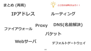 まとめ (再掲)
102
IPアドレス ルーティング
パケット
デフォルトゲートウェイ
DNS(名前解決)Proxy
ファイアウォール
Webサーバ
ここだけは押さえよう！！
 