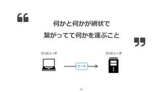 11
何かと何かが網状で
繋がってて何かを運ぶこと
データ
コンピュータ コンピュータ
 