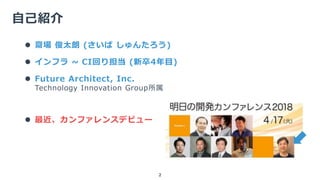 自己紹介
2
 齋場 俊太朗 (さいば しゅんたろう)
 インフラ ~ CI回り担当 (新卒4年目)
 Future Architect, Inc.
Technology Innovation Group所属
 最近、カンファレンスデビュー
 