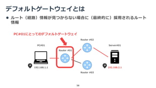 デフォルトゲートウェイとは
58
PC#01 Server#01
192.168.1.1 192.168.2.1
 ルート（経路）情報が見つからない場合に（最終的に）採用されるルート
情報
Router #01
Router #02
Router #03
PC#01にとってのデフォルトゲートウェイ
 