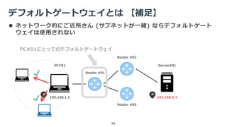 デフォルトゲートウェイとは 【補足】
61
PC#01 Server#01
192.168.1.1 192.168.2.1
 ネットワーク的にご近所さん (サブネットが一緒) ならデフォルトゲート
ウェイは使用されない
Router #01
Router #02
Router #03
PC#01にとってのデフォルトゲートウェイ
 