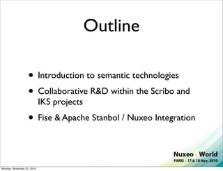 Outline

                   • Introduction to semantic technologies
                   • Collaborative R&D within the Scri...