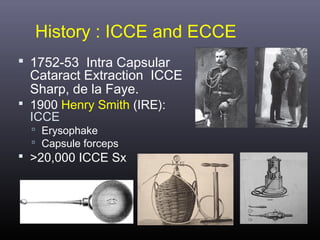 History : ICCE and ECCE
 1752-53 Intra Capsular

Cataract Extraction ICCE
Sharp, de la Faye.

 1900 Henry Smith (IRE):

ICCE

 Erysophake
 Capsule forceps

 >20,000 ICCE Sx

 
