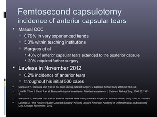 Femtosecond capsulotomy

incidence of anterior capsular tears
 Manual CCC
 0.79% in very experienced hands
 5.3% within teaching institutions
 Marques et al
 40% of anterior capsular tears extended to the posterior capsule

 20% required further surgery

 Lawless in November 2012
 0.2% incidence of anterior tears
 throughout his initial 500 cases


Marques FF, Marques DM. Fate of AC tears during cataract surgery. J Cataract Refract Surg 2006;32:1638-42.



Unal M, Yücel I, Sarici A et al. Phaco with topical anesthesia: Resident experience. J Cataract Refract Surg. 2006;32:13615.



Marques FF, Marques DM. Fate of anterior capsule tears during cataract surgery. J Cataract Refract Surg 2006;32:1638-42.



Lawless M. ”The Future of Laser Cataract Surgery” Keynote Lecture American Academy of Ophthalmology, Subspecialty
Day, Chicago, November, 2012

 