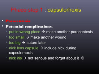 Phaco step 1 : capsulorhexis
 Paracentesis
 Potential complications:
 put in wrong place  make another paracentesis
 too small  make another wound
 too big  suture later
 nick lens capsule  include nick during

capsulorhexis
 nick iris  not serious and forget about it 

 