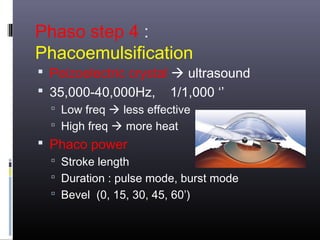 Phaso step 4 :
Phacoemulsification

 Peizoelectric crystal  ultrasound
 35,000-40,000Hz, 1/1,000 ‘’
 Low freq  less effective
 High freq  more heat

 Phaco power
 Stroke length
 Duration : pulse mode, burst mode
 Bevel (0, 15, 30, 45, 60’)

 