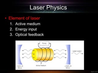 Laser Physics
• Element of laser
1. Active medium
2. Energy input
3. Optical feedback
 