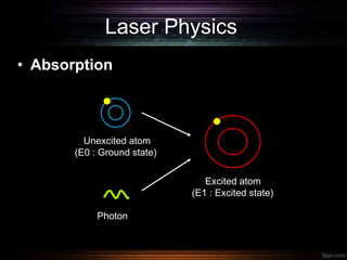Laser Physics
• Absorption
Unexcited atom
(E0 : Ground state)
Photon
Excited atom
(E1 : Excited state)
 