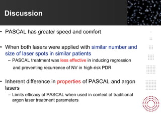 Discussion
• PASCAL has greater speed and comfort
• When both lasers were applied with similar number and
size of laser spots in similar patients
– PASCAL treatment was less effective in inducing regression
and preventing recurrence of NV in high-risk PDR
• Inherent difference in properties of PASCAL and argon
lasers
– Limits efficacy of PASCAL when used in context of traditional
argon laser treatment parameters
 